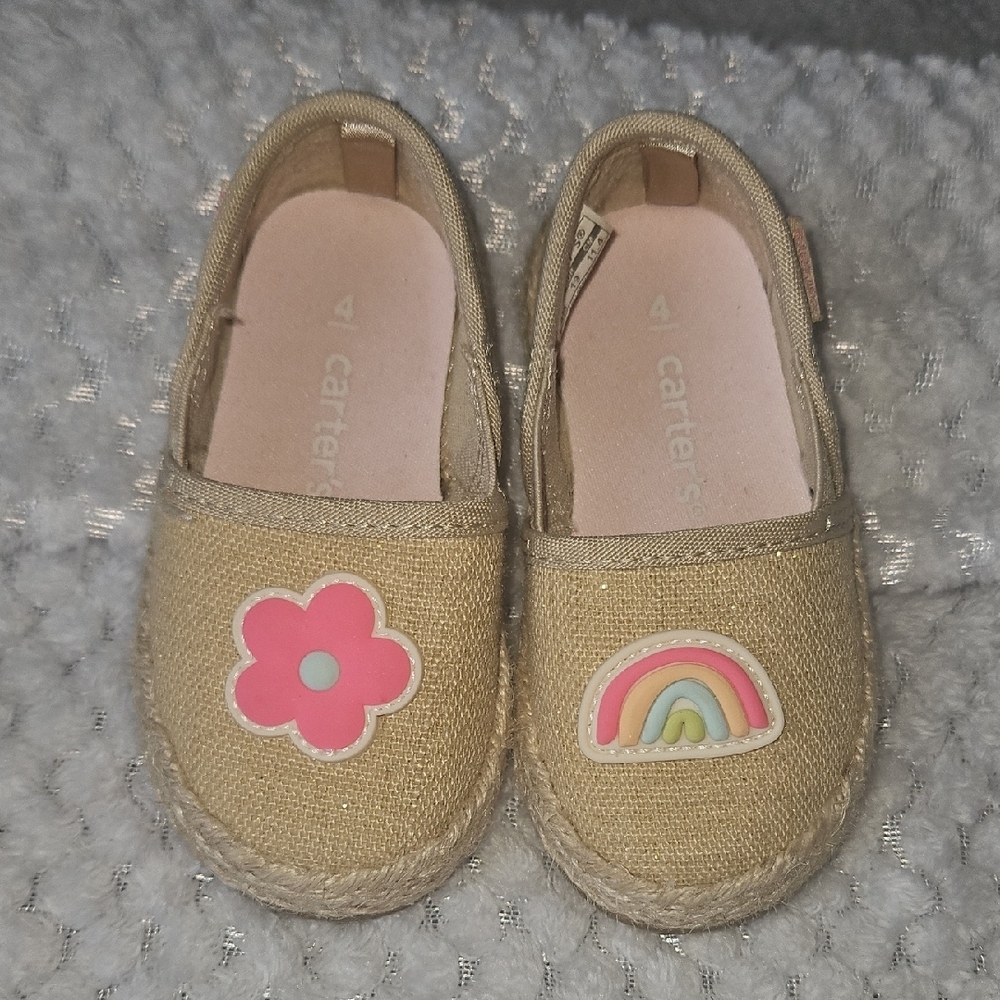Carter's Tan and Pink Espadrille Slippers with Whimsical Patches